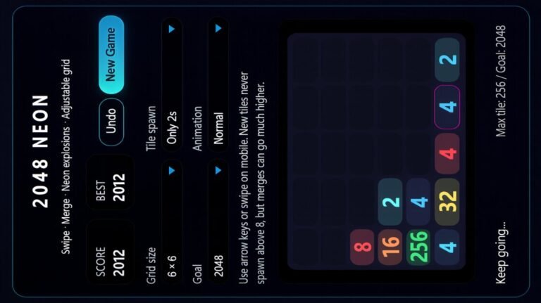 2048 Neon — Adjustable Grid, Swipe, Merg