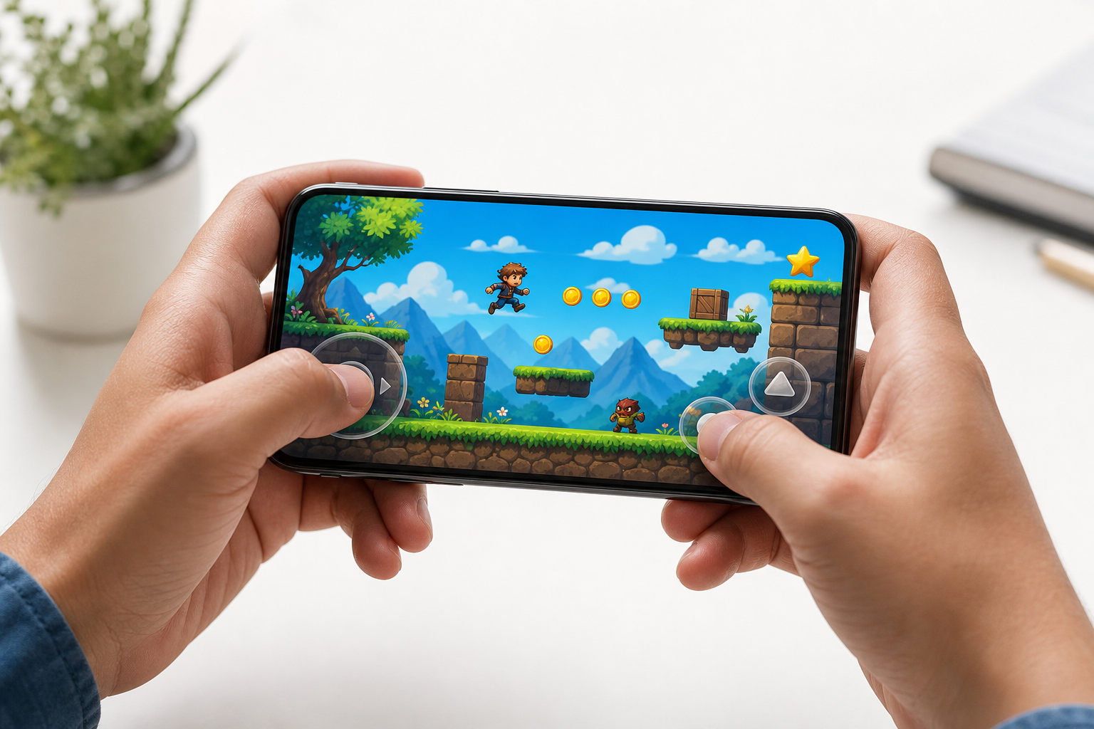 Person playing a browser game on a smartphone with touch controls in landscape mode