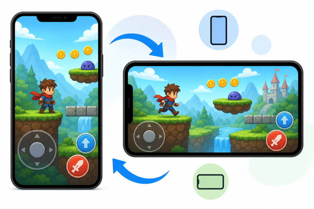 Illustration of mobile browser game touch controls and phone orientation