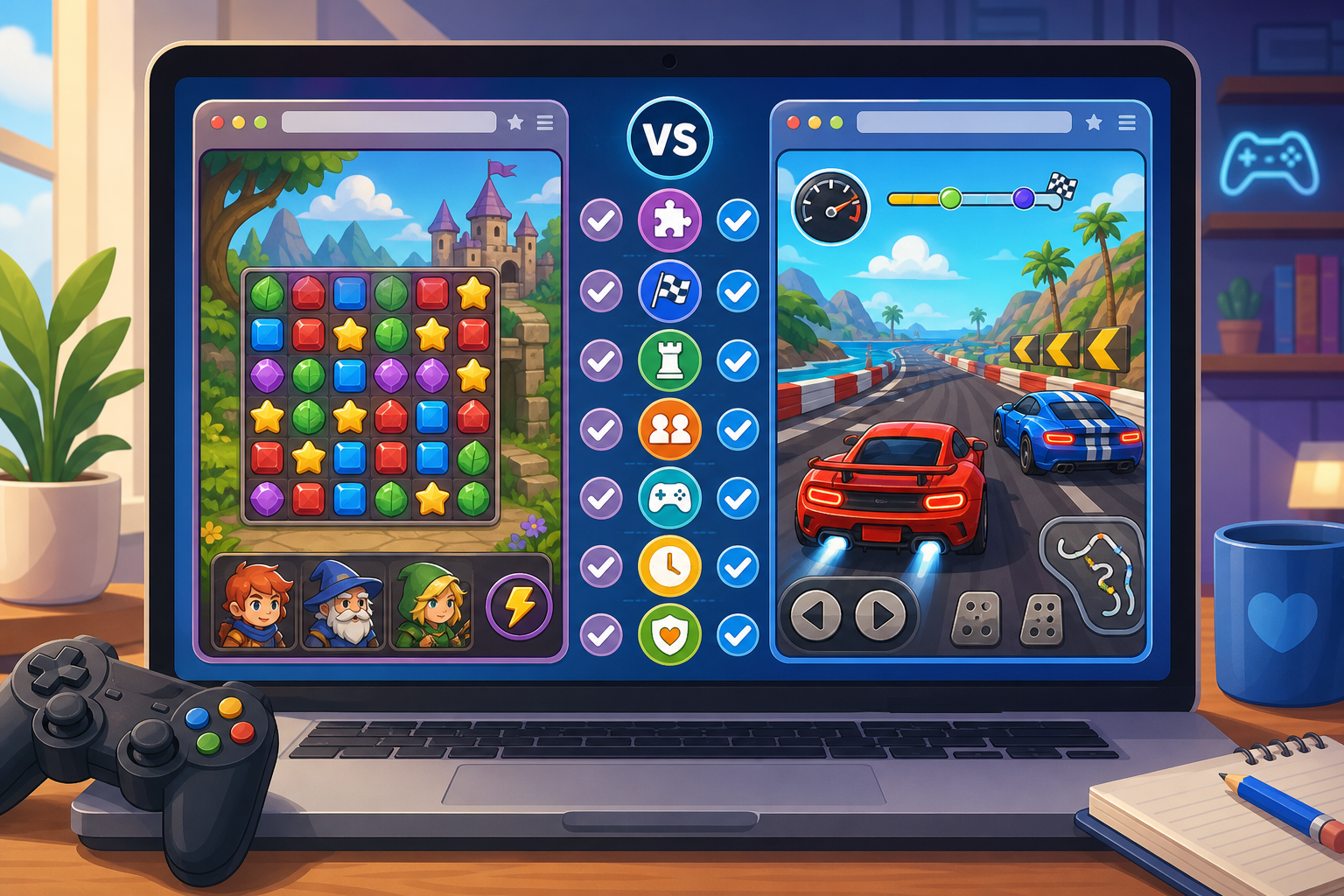 A player comparing two free online games on a laptop using a checklist
