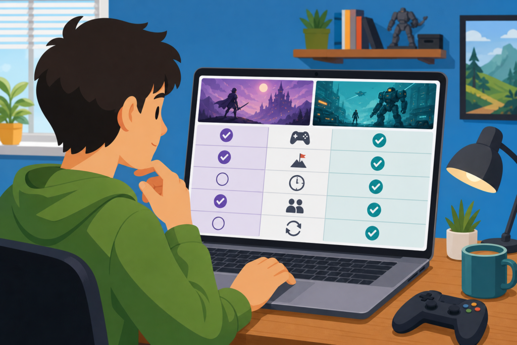 Checklist for comparing free online games by controls, difficulty, time, and multiplayer fit